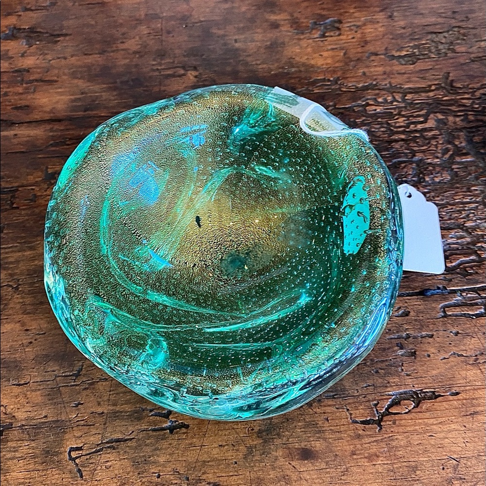 Ashtray- Blown glass  in clear aqua w bubble pattern… handmade . approx 5”
